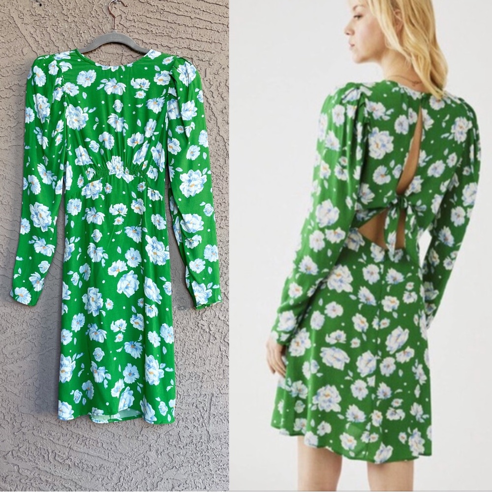 GHOST LONDON NWT Green White Long Sleeve Floral Printed Cut Out Tie Mini Dress